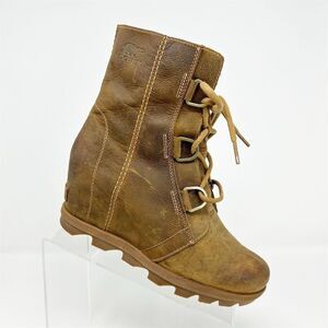 Sorel Women's Joan of Arctic Brown Leather Lace Up Wedge II Boots Size 8M